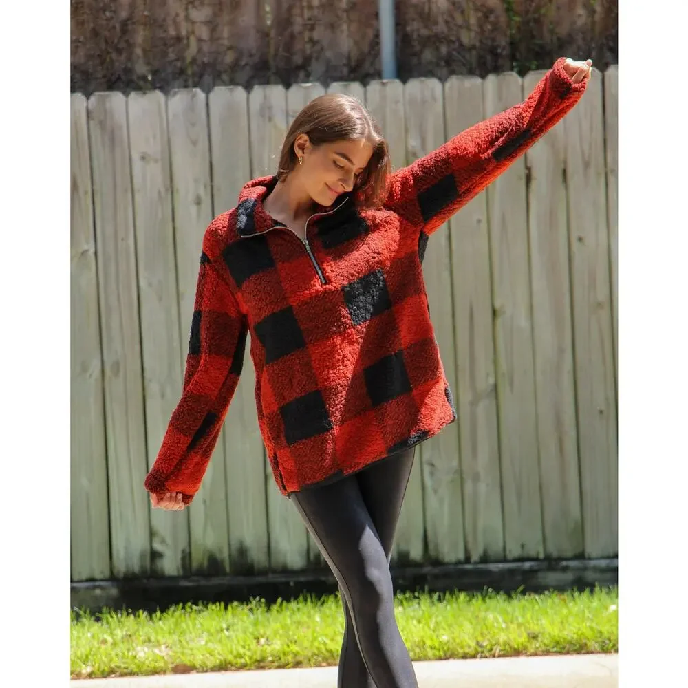 MEROKEETY Women's Plaid Sherpa Fleece Zip Pullover Jacket Medium - Picture 2 of 8